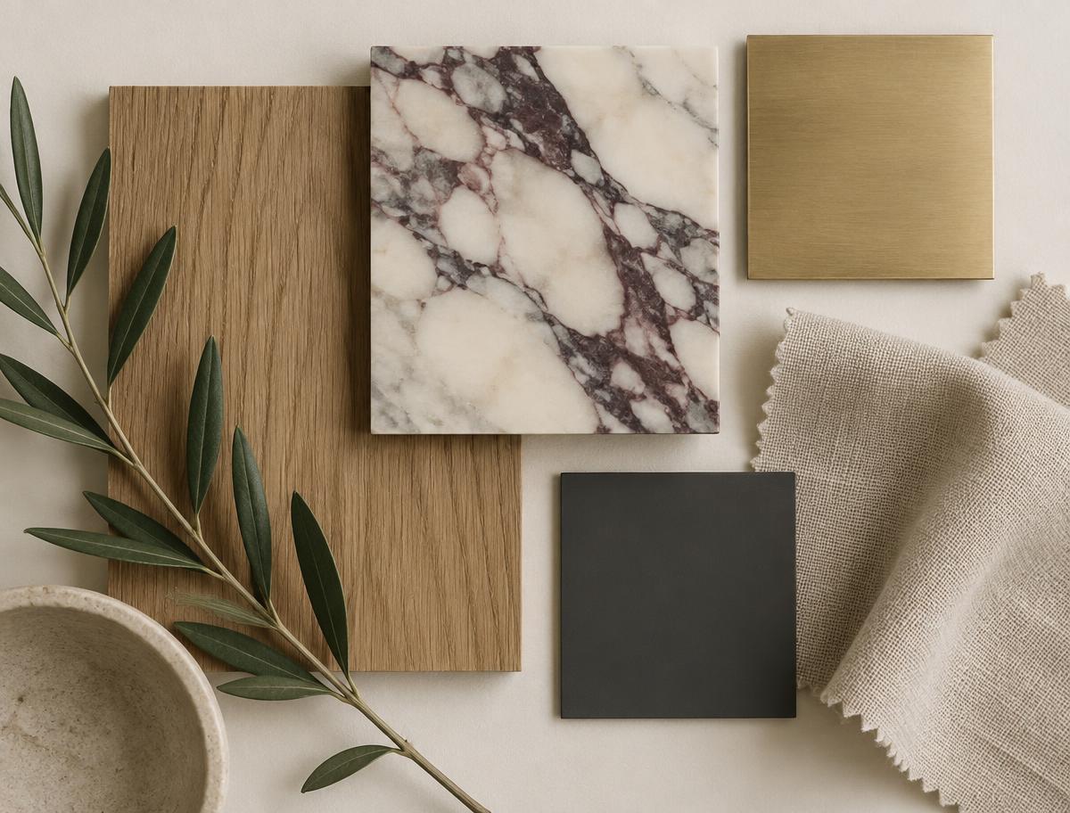 Material samples in oak, marble, brass and linen
